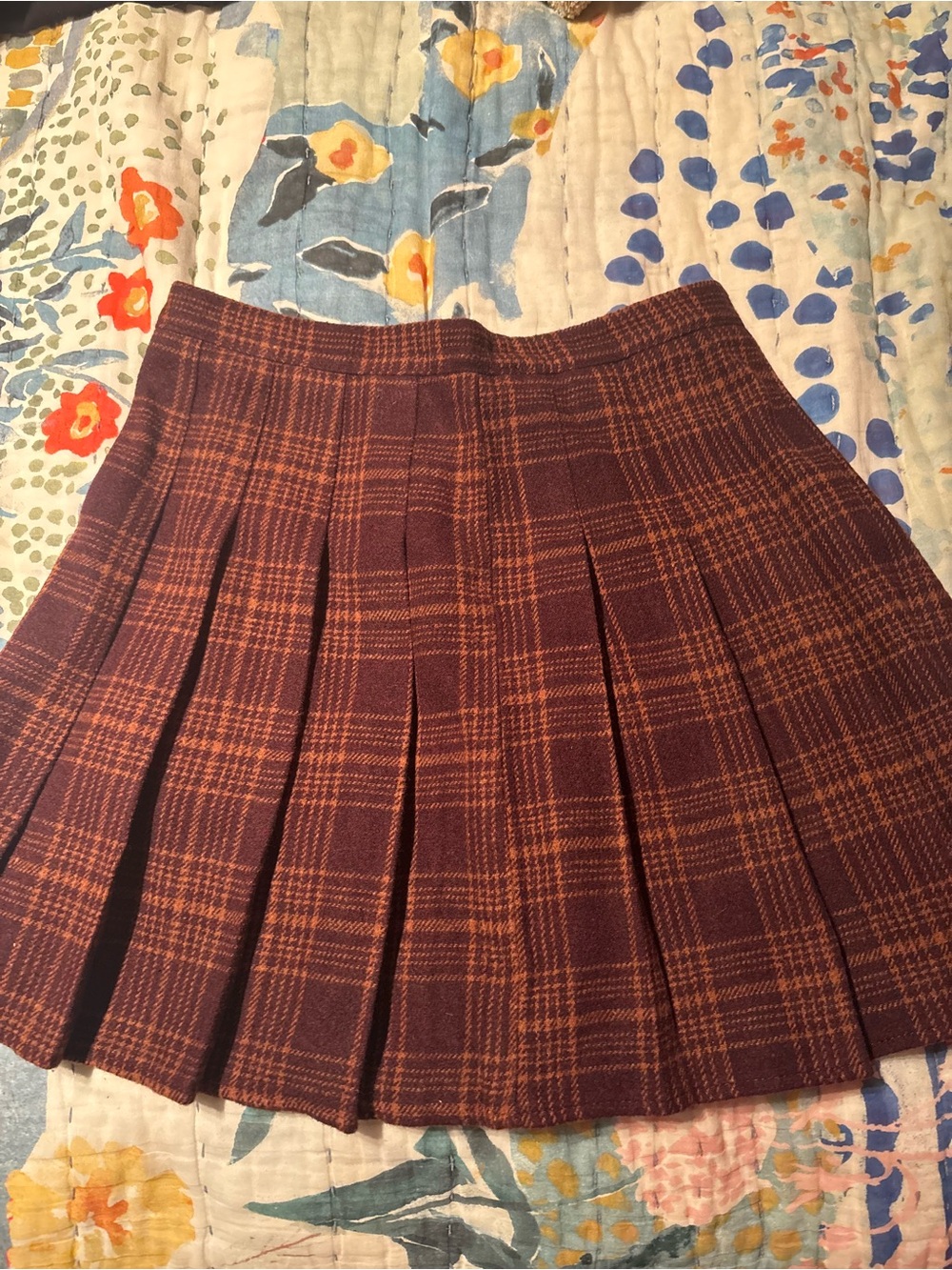 Plaid Pleated Skirt in Burgundy and Rust - Women's